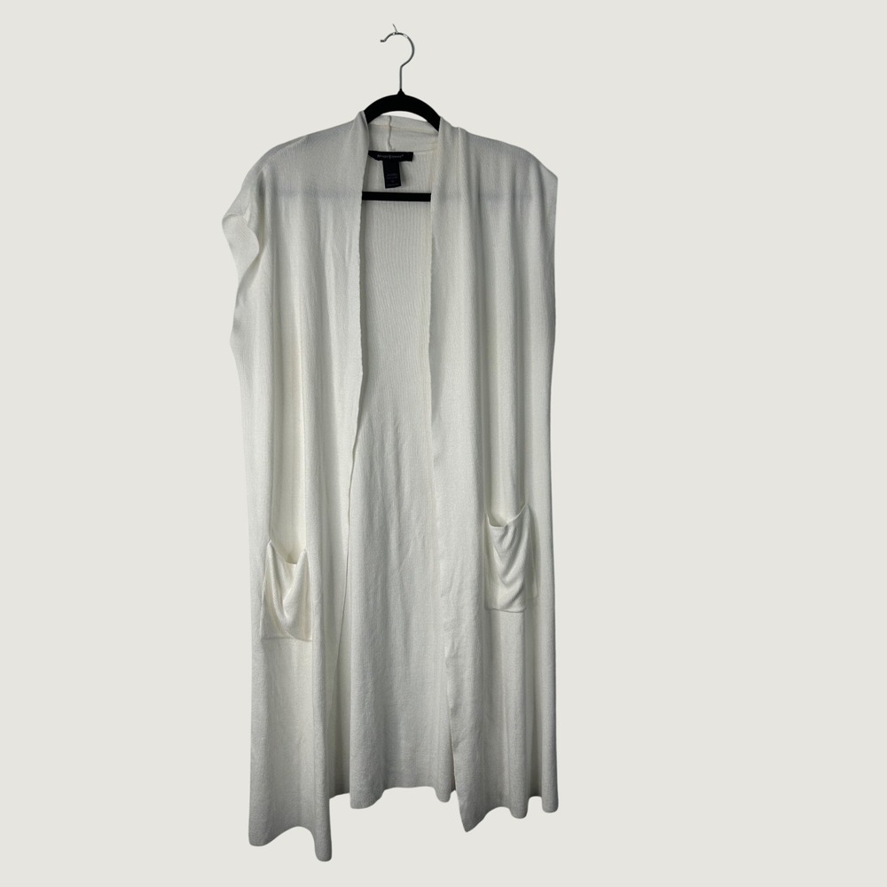 Ashley Stewart Longline Duster Size 12 White Open Front Sleeveless With Pockets